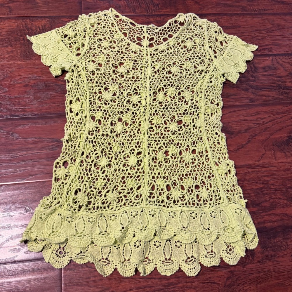 Crochet Lace Boho Festival Top Women Small Lime Green Yellow Floral Short Sleeve